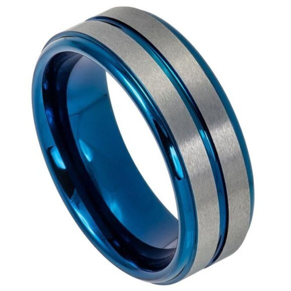8mm Men Women Tungsten Ring Two tone Blue IP plated center Grooved brushed